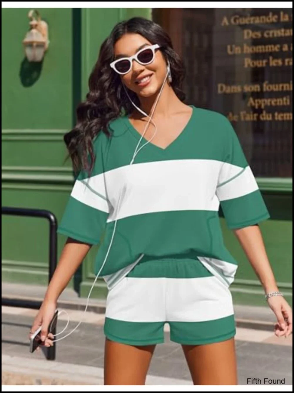 Two Piece Lounge Set - Oversized Striped Shirt and Shorts with Pockets